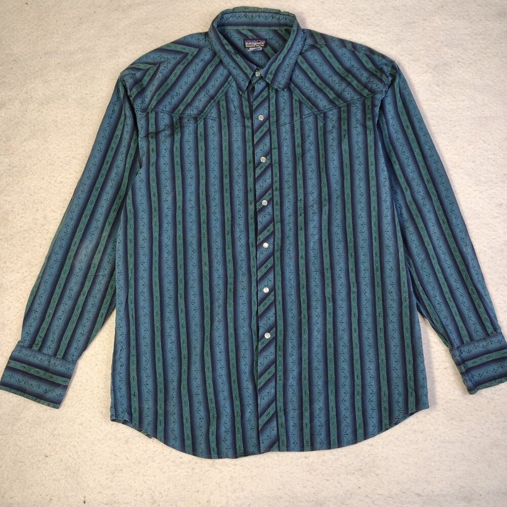 VINTAGE Patagonia Rhythm Highball Pearl Snap Shirt Mens XL Zion Classic Navy ZCY
